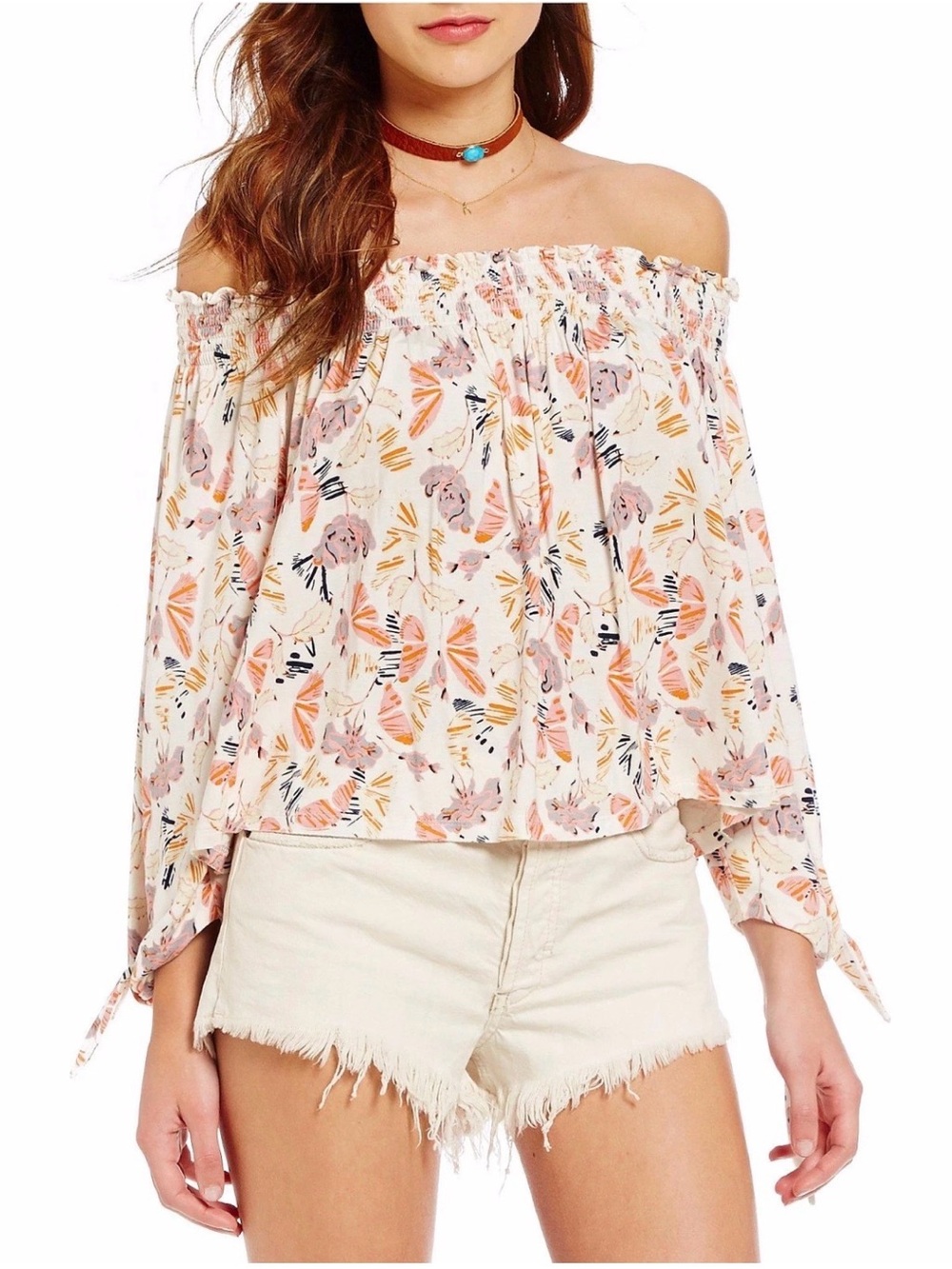 We the Free Lexington Cream Multi Off the Shoulder Top Sz L